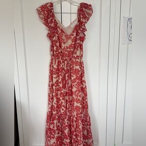 NWOT All in Favor Red Floral Maxi Dress with Ruffle Sleeves